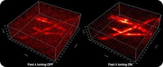 Photoacoustic images of fine nylon wires with and without compensation for sensor-thickness variations.